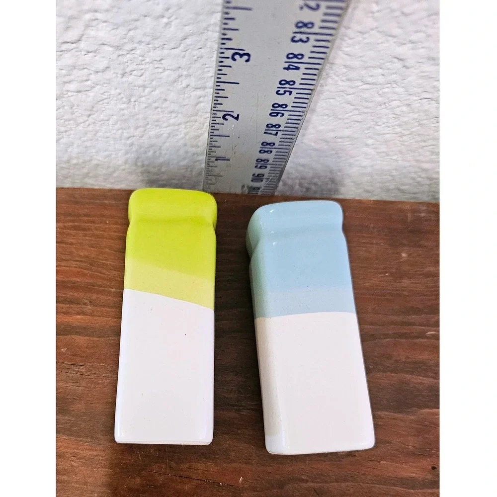 Contemporary Blue and Green Pillar Ceramic Salt and Pepper Shakers Set